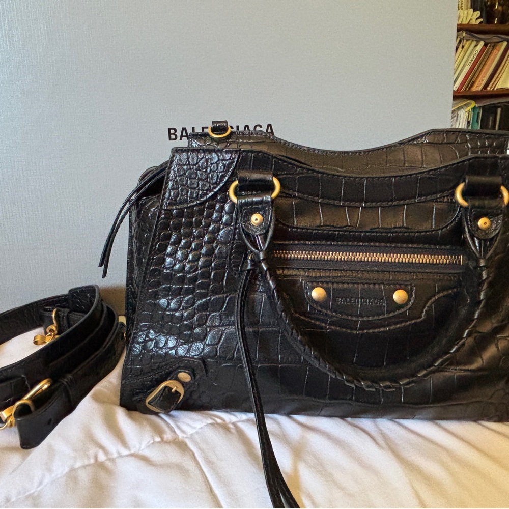 Balenciaga Black Croc-Embossed Bag with Gold Accents